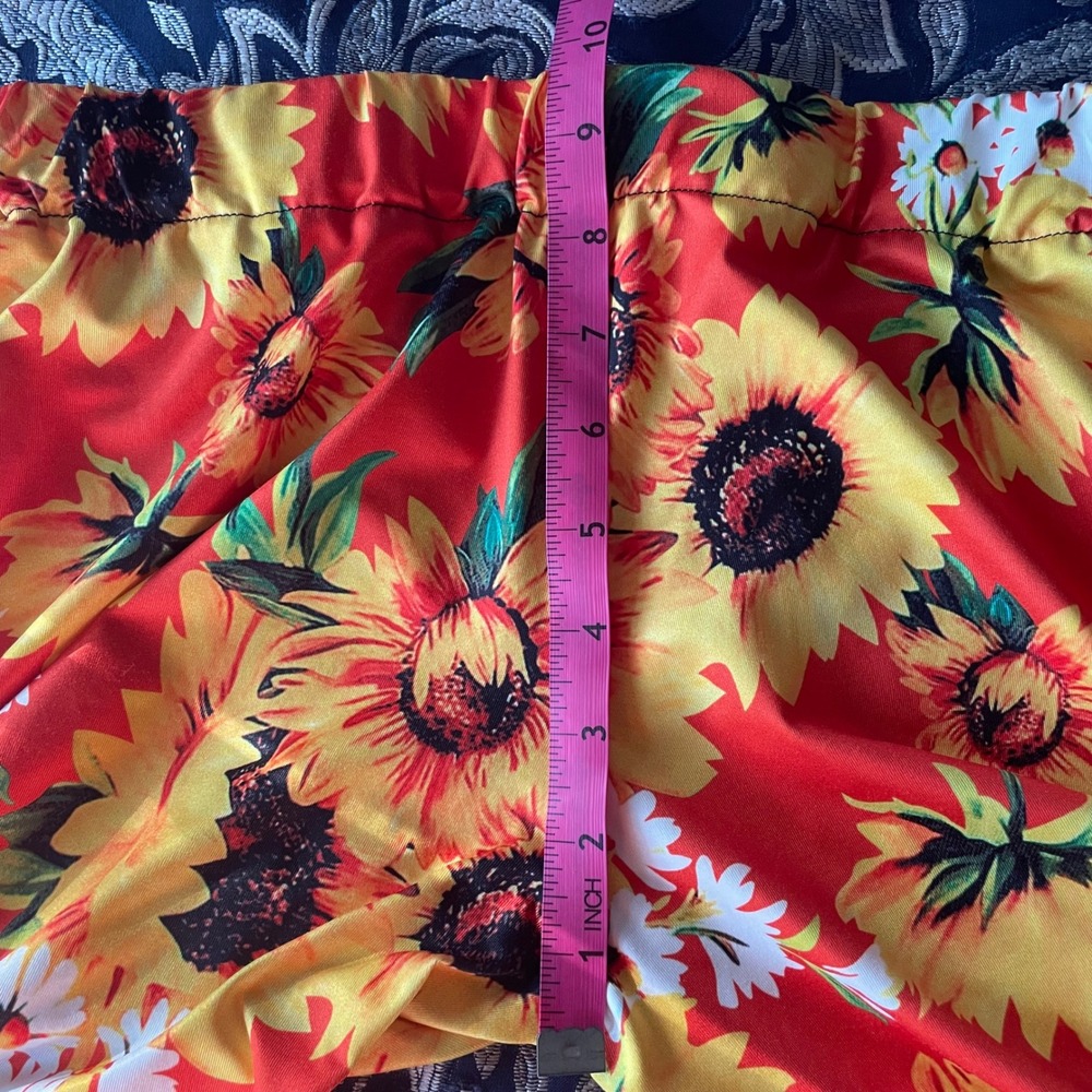 Womens Sunflower Bell Bottom Flare Pants orange stretch Floral Boho Retro XS - Picture 6 of 7